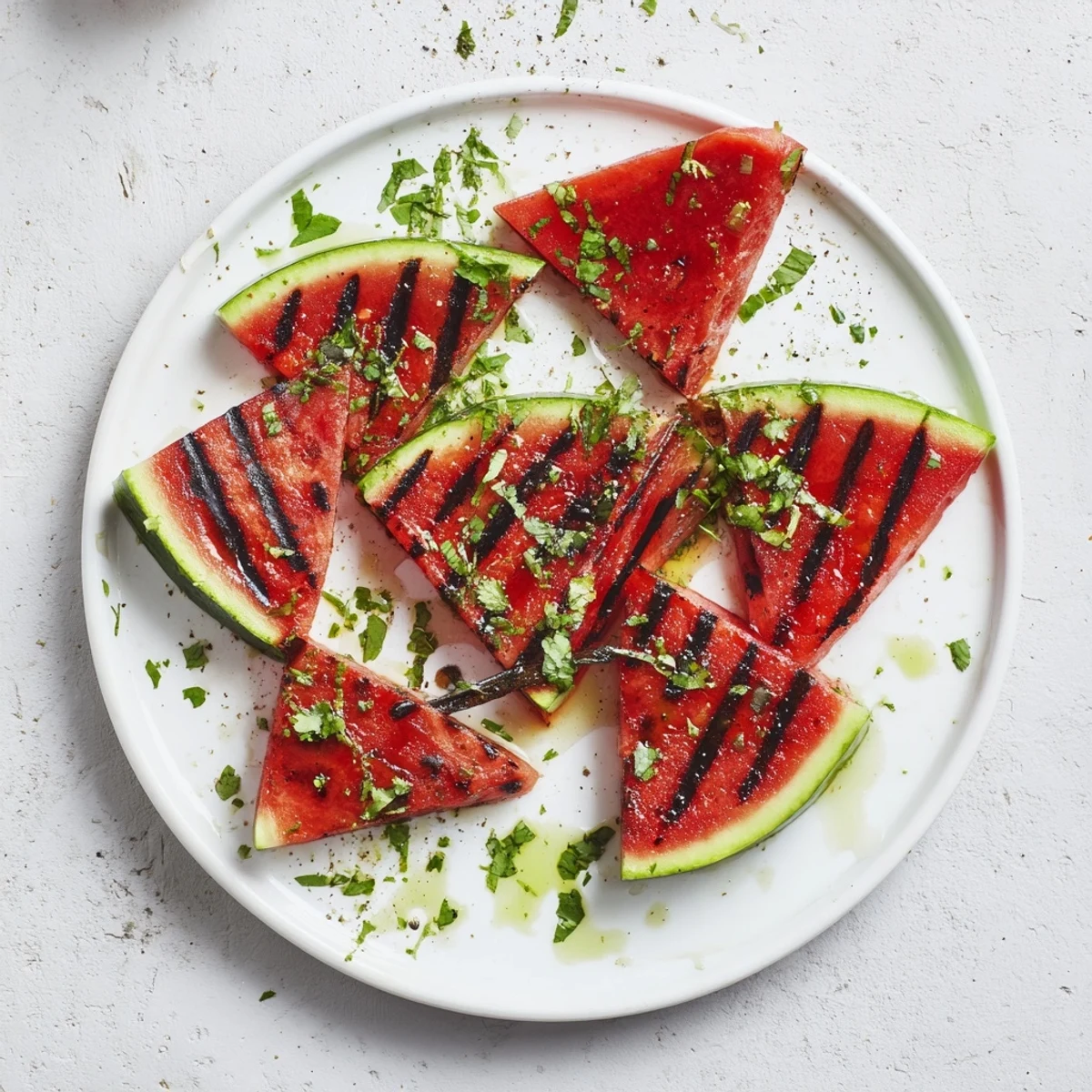 Cilantro lime grilled watermelon recipe displaying charred grill marks and bright green herb garnish