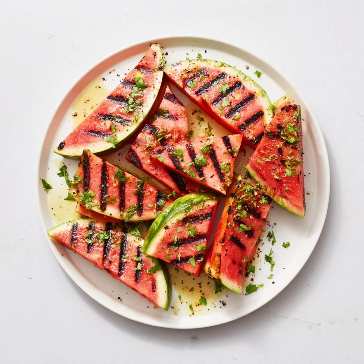 Smoky grilled watermelon slices drizzled with lime juice and sprinkled with chopped cilantro leaves