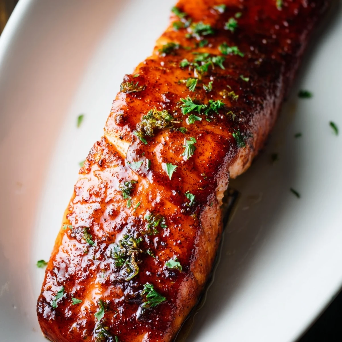 Golden brown Cajun honey salmon fillets glazed with sweet honey and dusted with spicy seasonings on a white baking sheet