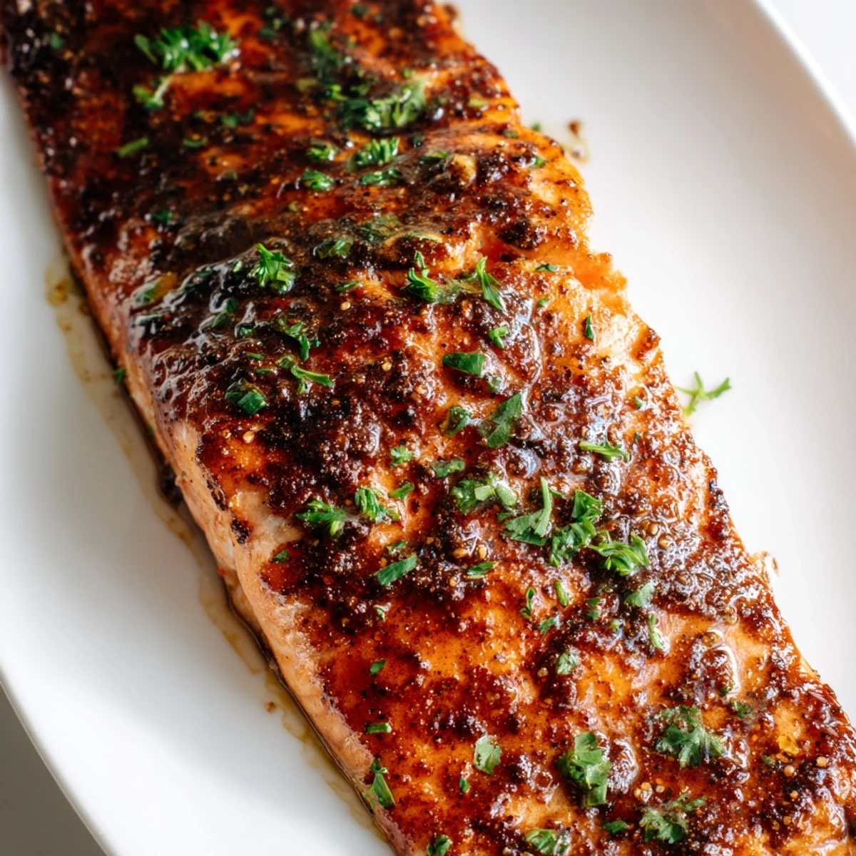 Perfectly baked Cajun honey salmon with caramelized honey drips and vibrant red spice rub ready for dinner