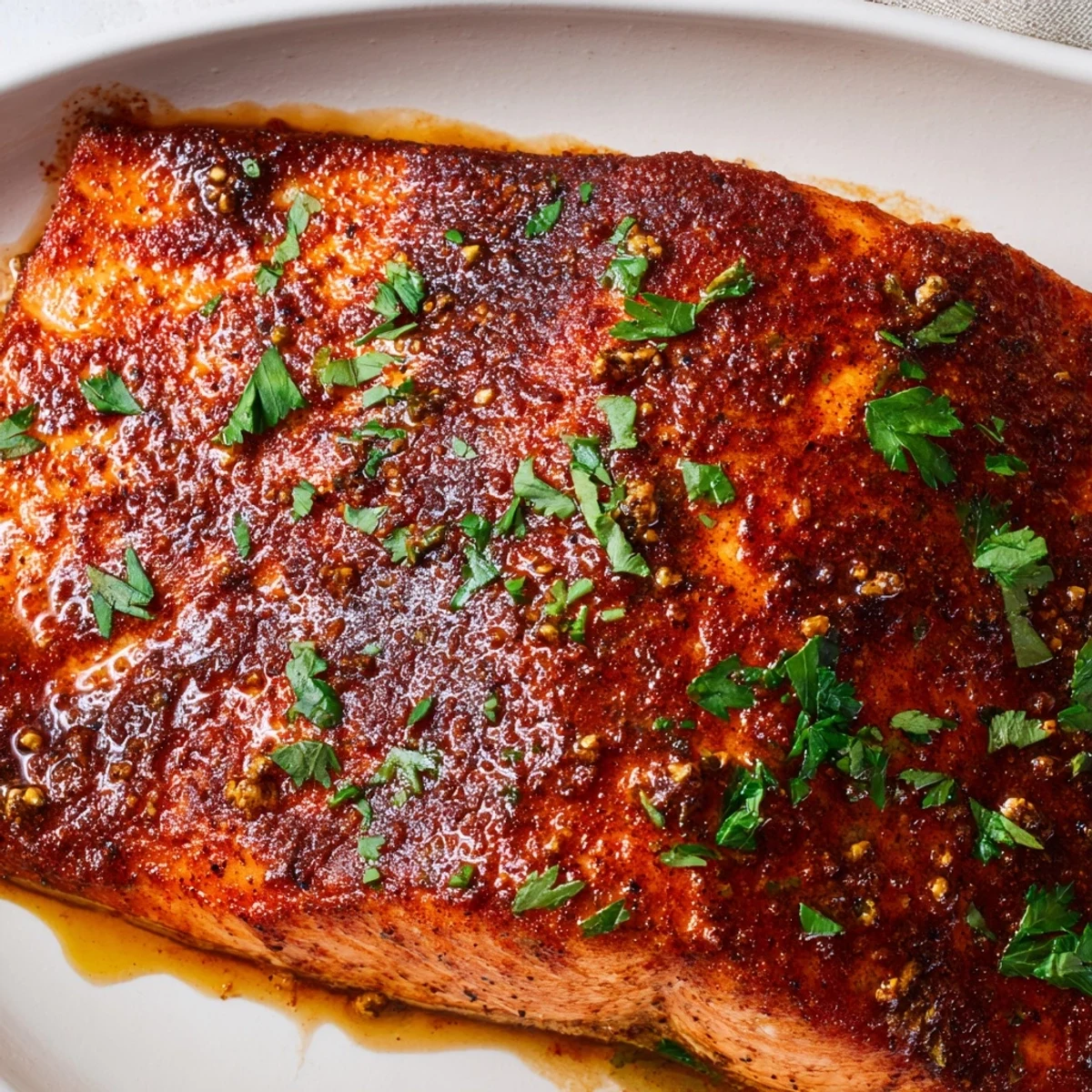 Oven roasted Cajun honey salmon garnished with fresh parsley and served with lemon wedges on a plate