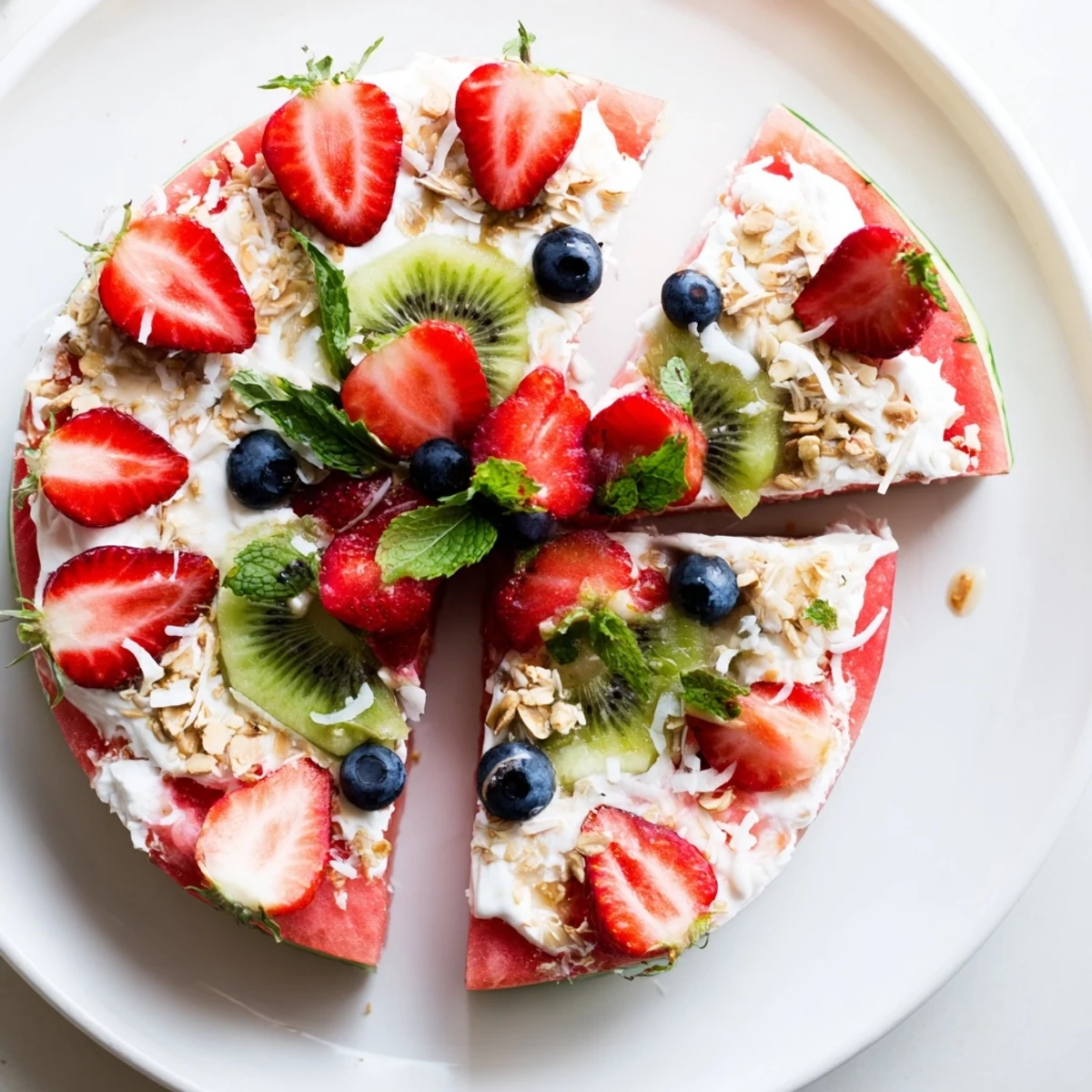 Colorful watermelon pizza topped with creamy Greek yogurt and fresh summer berries.