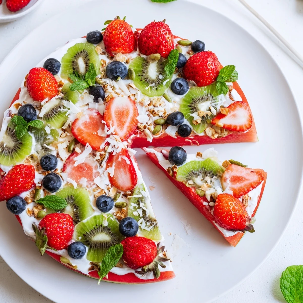 Refreshing watermelon pizza dessert with sweet fruit toppings on a round slice.