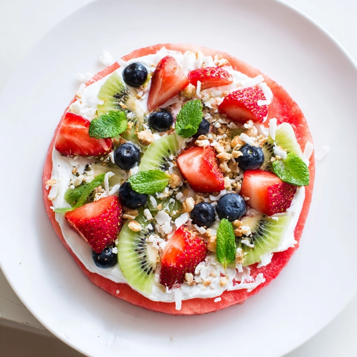 Summer watermelon pizza slice topped with yogurt and vibrant mixed fruit garnish.