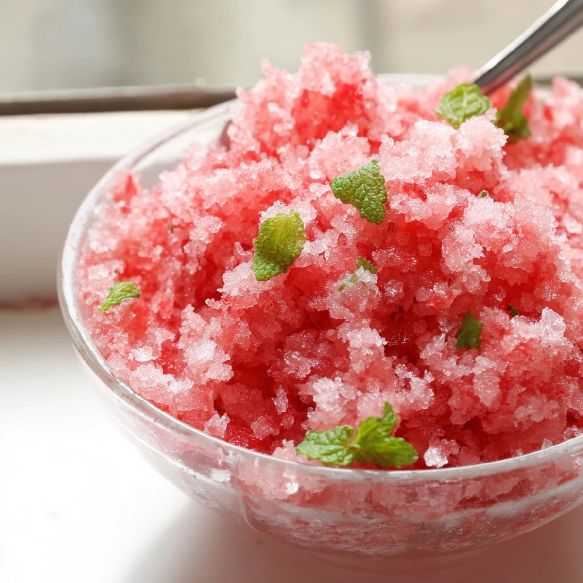 Fluffy pink watermelon granita served in chilled glass bowls with fresh mint garnish on white background
