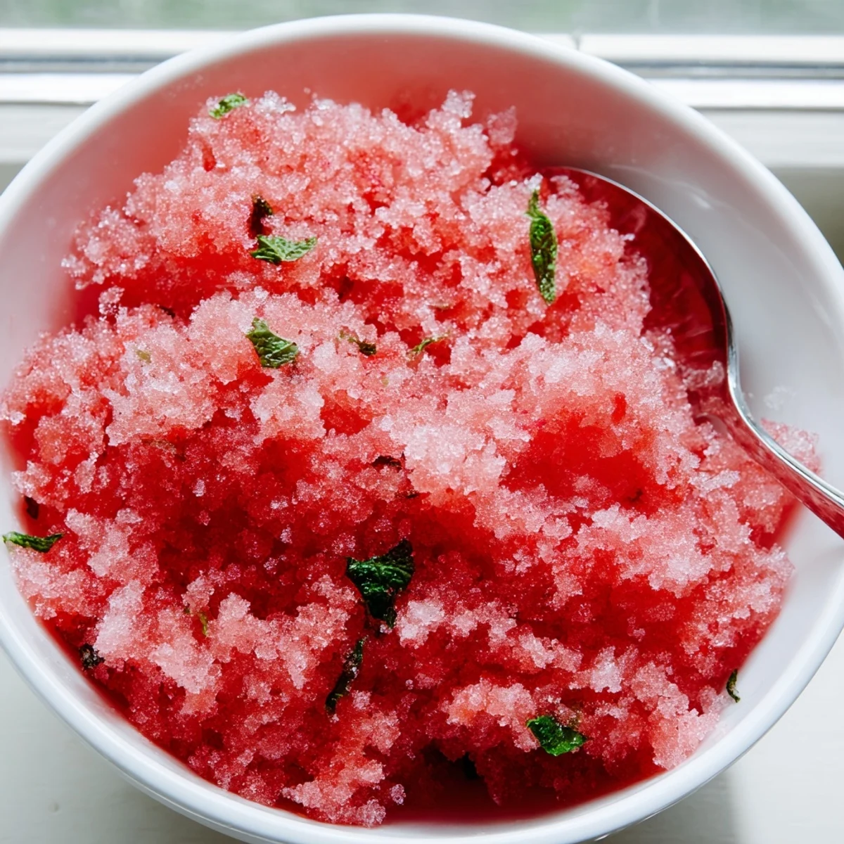 Raspberry-colored watermelon granita mounded in clear glasses featuring icy crystal texture and lime zest topping