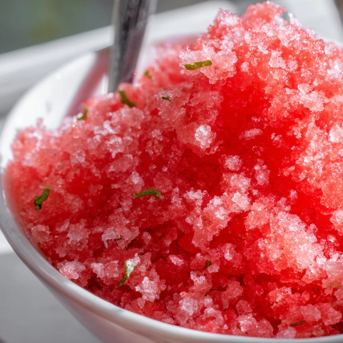 Spoon scooping refreshing watermelon granita from shallow metal dish showing fluffy shaved ice consistency and vibrant pink color