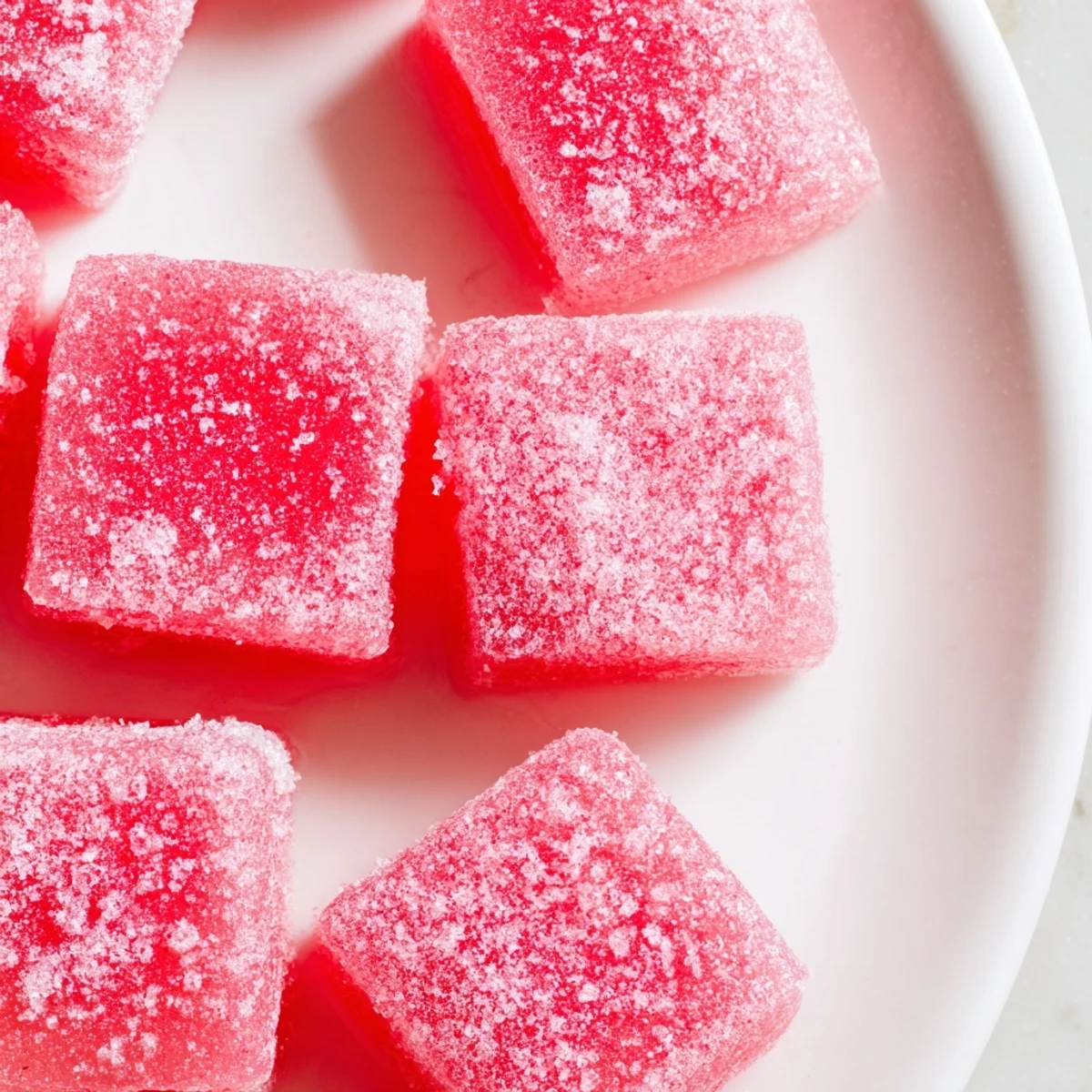 Homemade sour watermelon fruit chews coated in tangy citric sugar on white plate