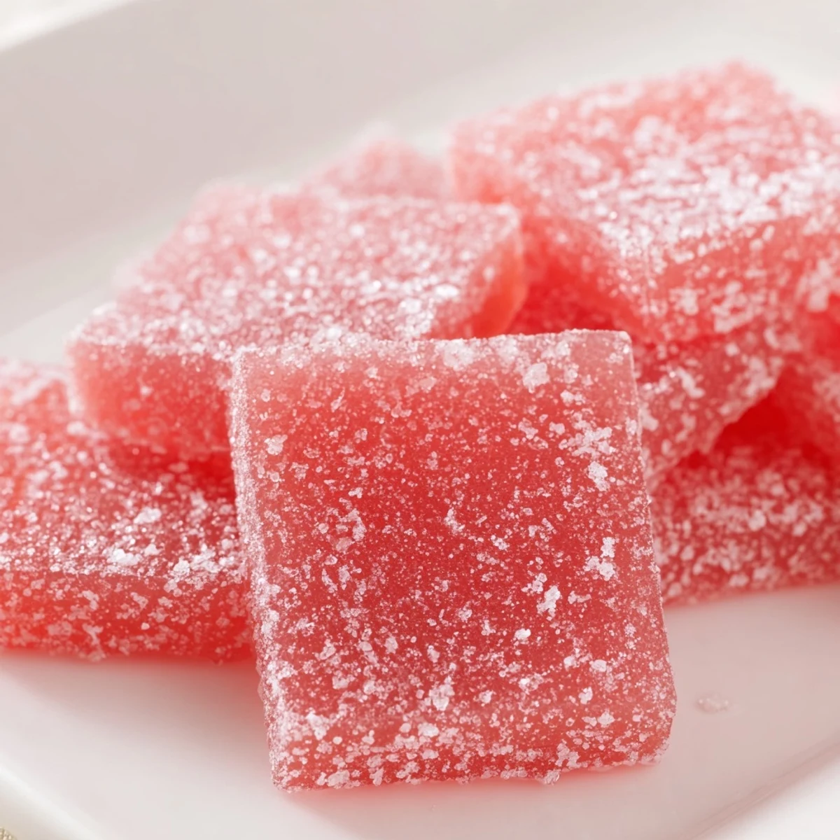 Chewy red watermelon candy squares dusted with sour sugar for sweet tart flavor