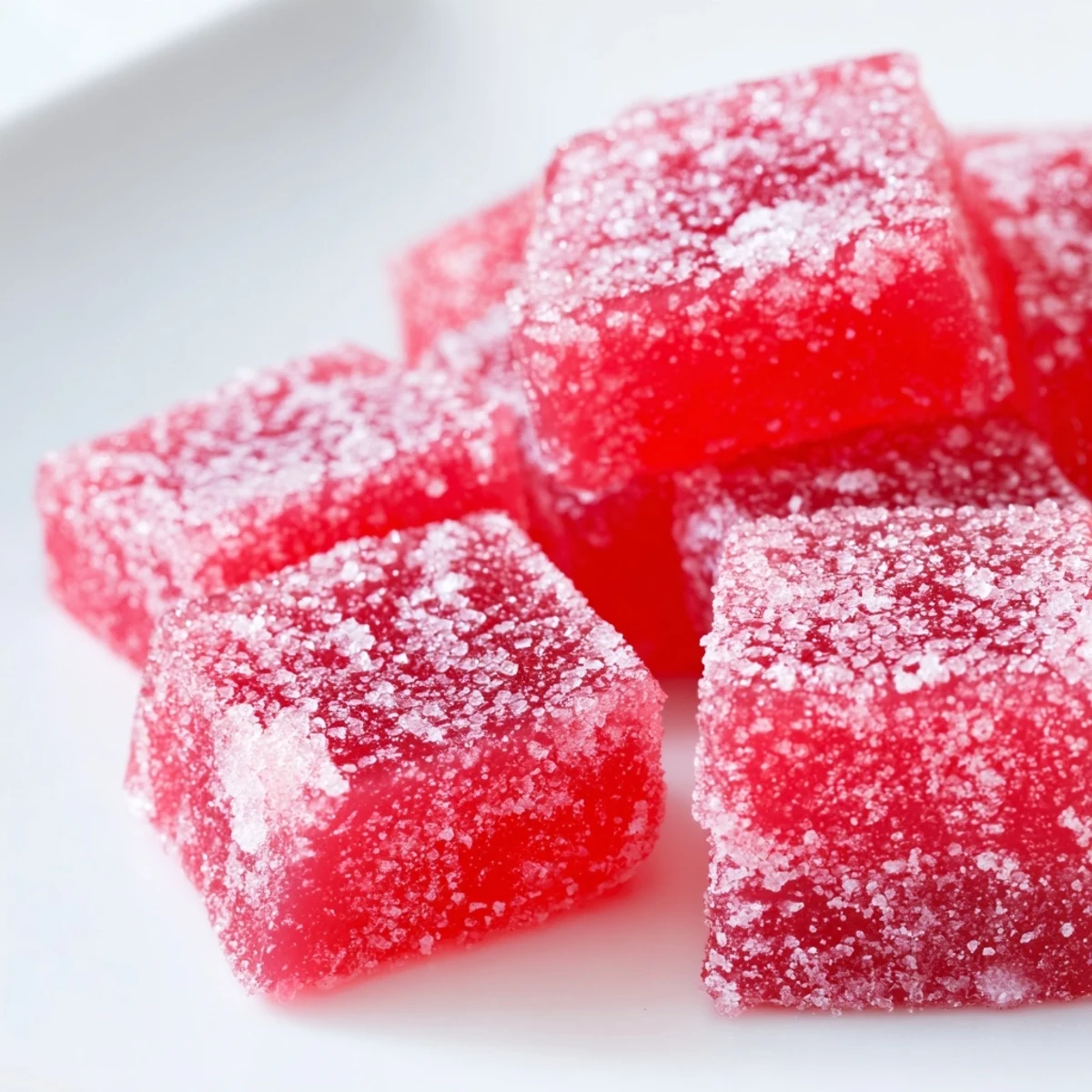 Pink watermelon fruit chews rolled in white sugar and citric acid coating