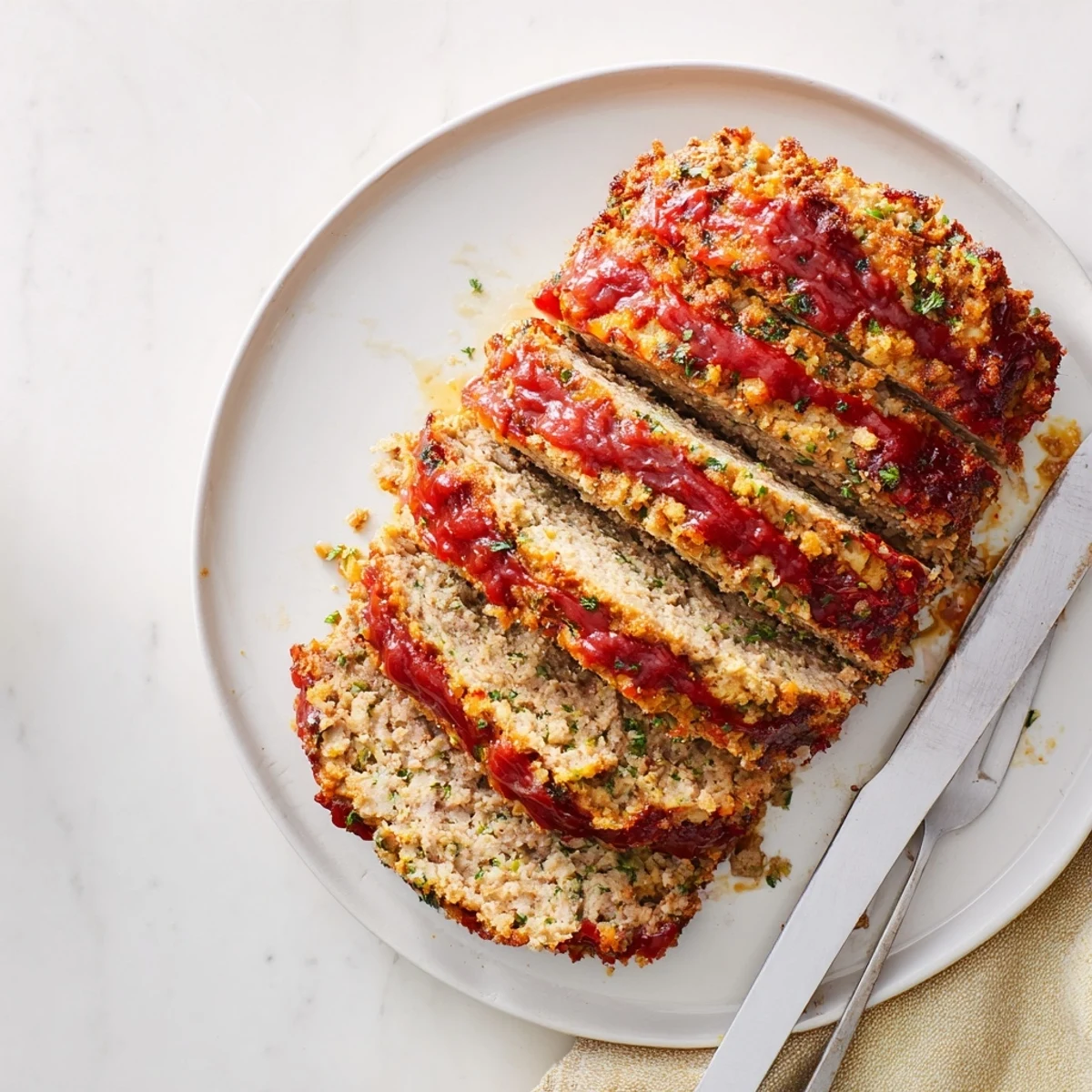 Golden brown Parmesan crusted turkey meatloaf sliced to reveal tender, juicy interior with melted cheese topping