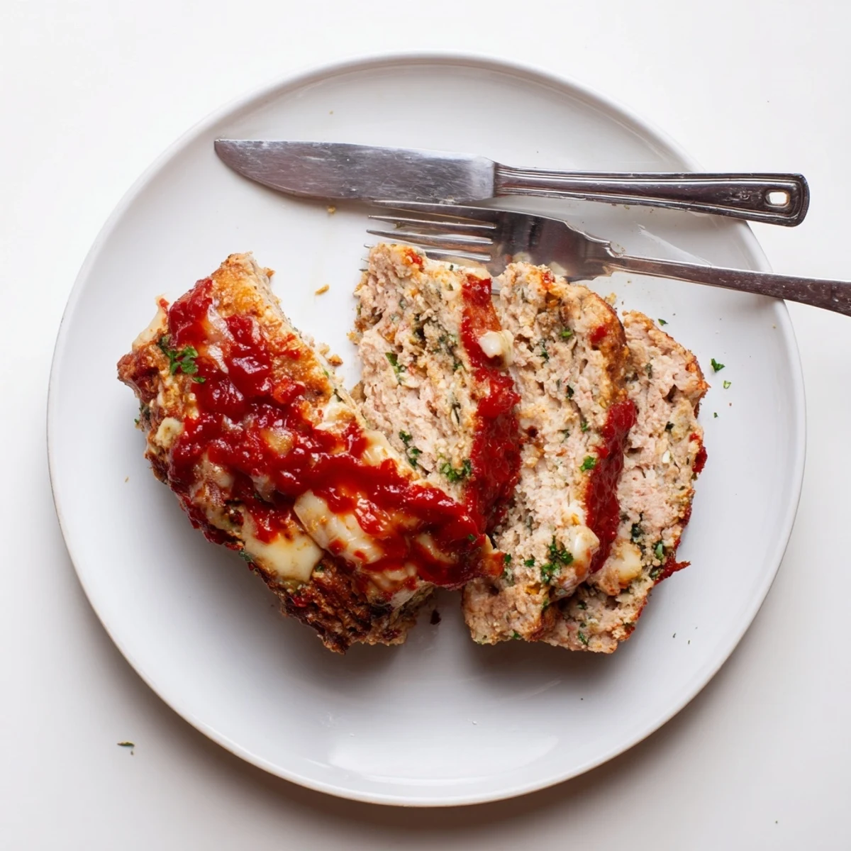 Homemade Parmesan crusted turkey meatloaf recipe garnished with fresh parsley and served on white platter