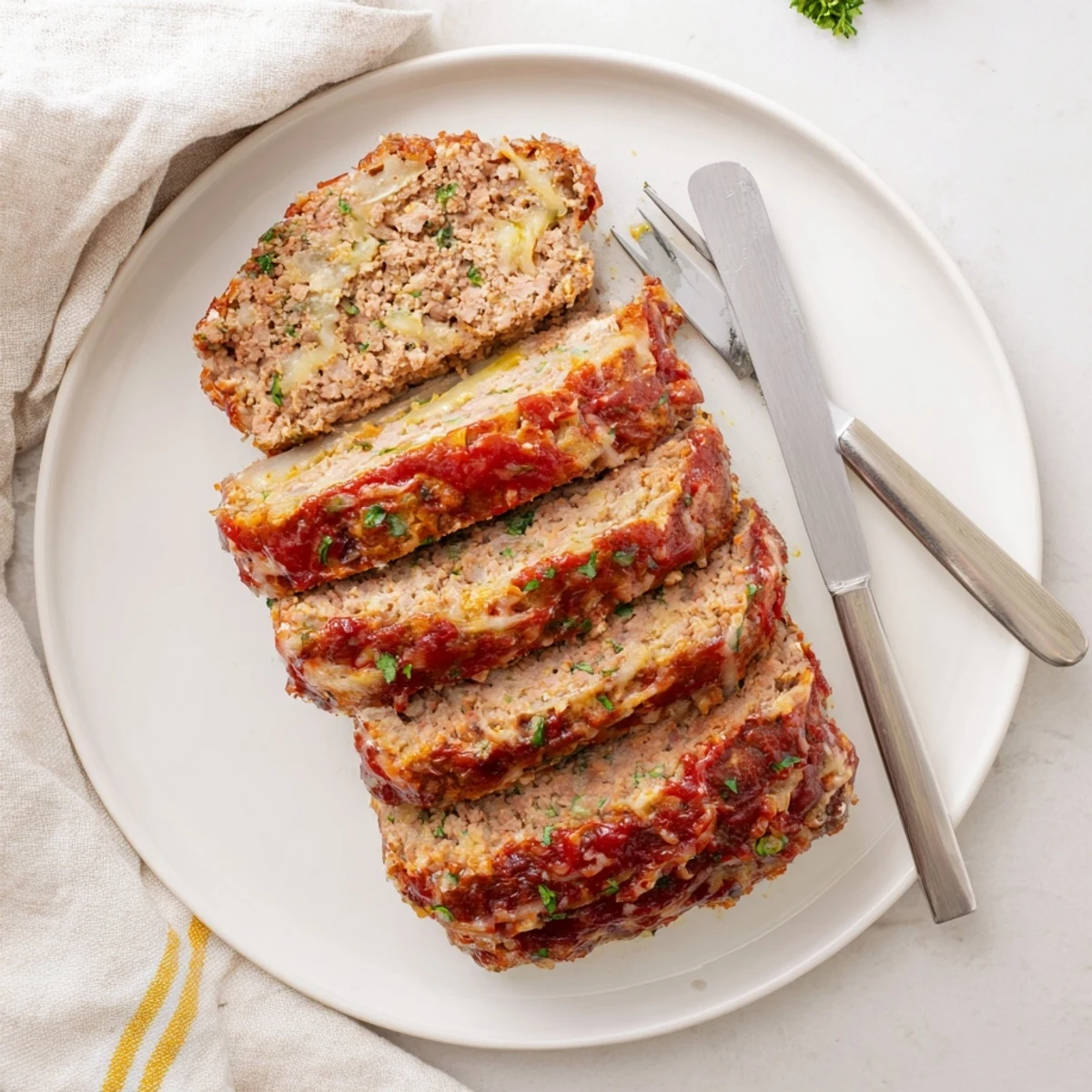 Savory turkey meatloaf baked with crispy Parmesan breadcrumb crust and glazed ketchup layer on top