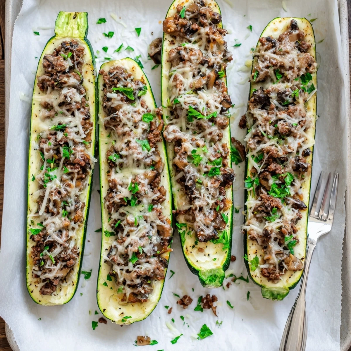 Golden brown beef tenderloin mushroom stuffed zucchini boats topped with melted mozzarella cheese on a white serving plate
