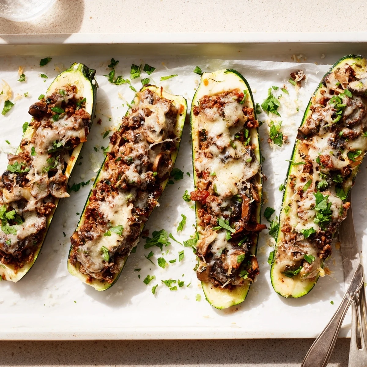 Close-up of cheesy zucchini boats with beef tenderloin and mushroom filling, fresh from the oven with bubbly golden cheese