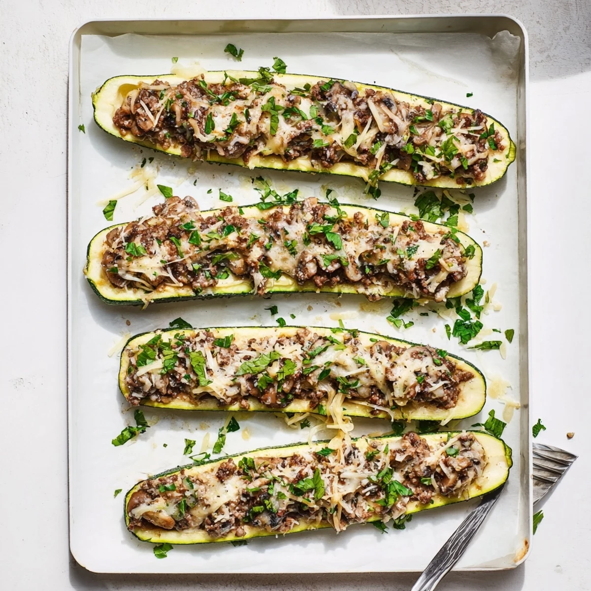 Tender baked zucchini halves filled with savory beef and mushroom mixture, garnished with fresh parsley and grated Parmesan