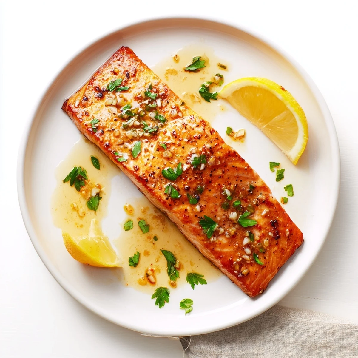 Golden pan seared salmon fillets with crispy skin drizzled with melted garlic butter sauce