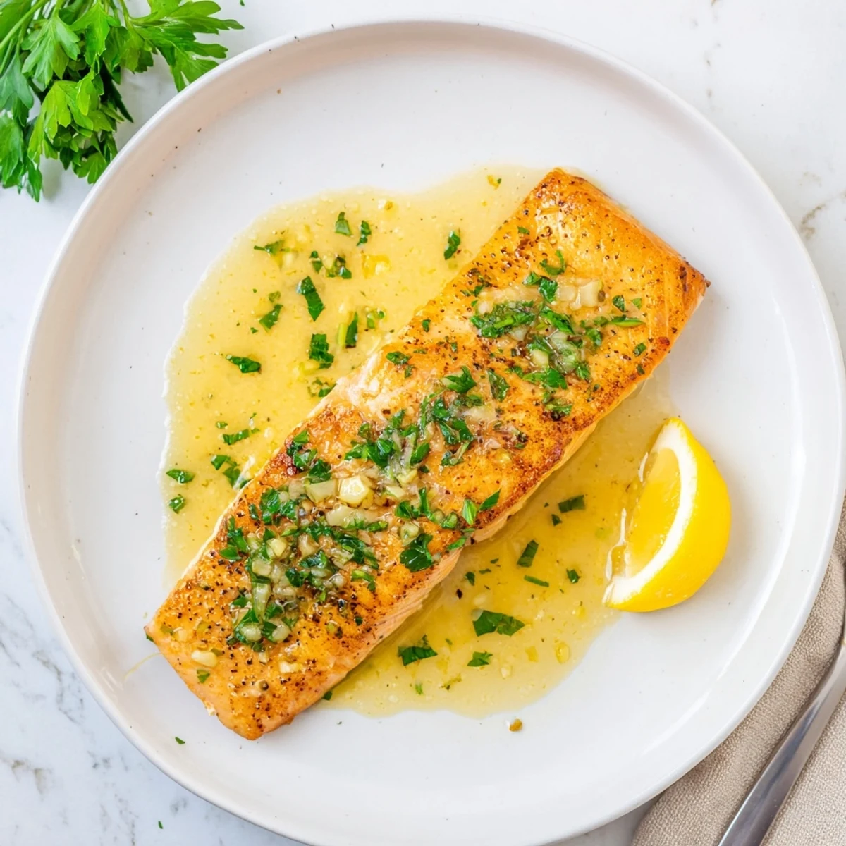 Crispy pan seared salmon swimming in rich garlic butter sauce served with lemon wedges