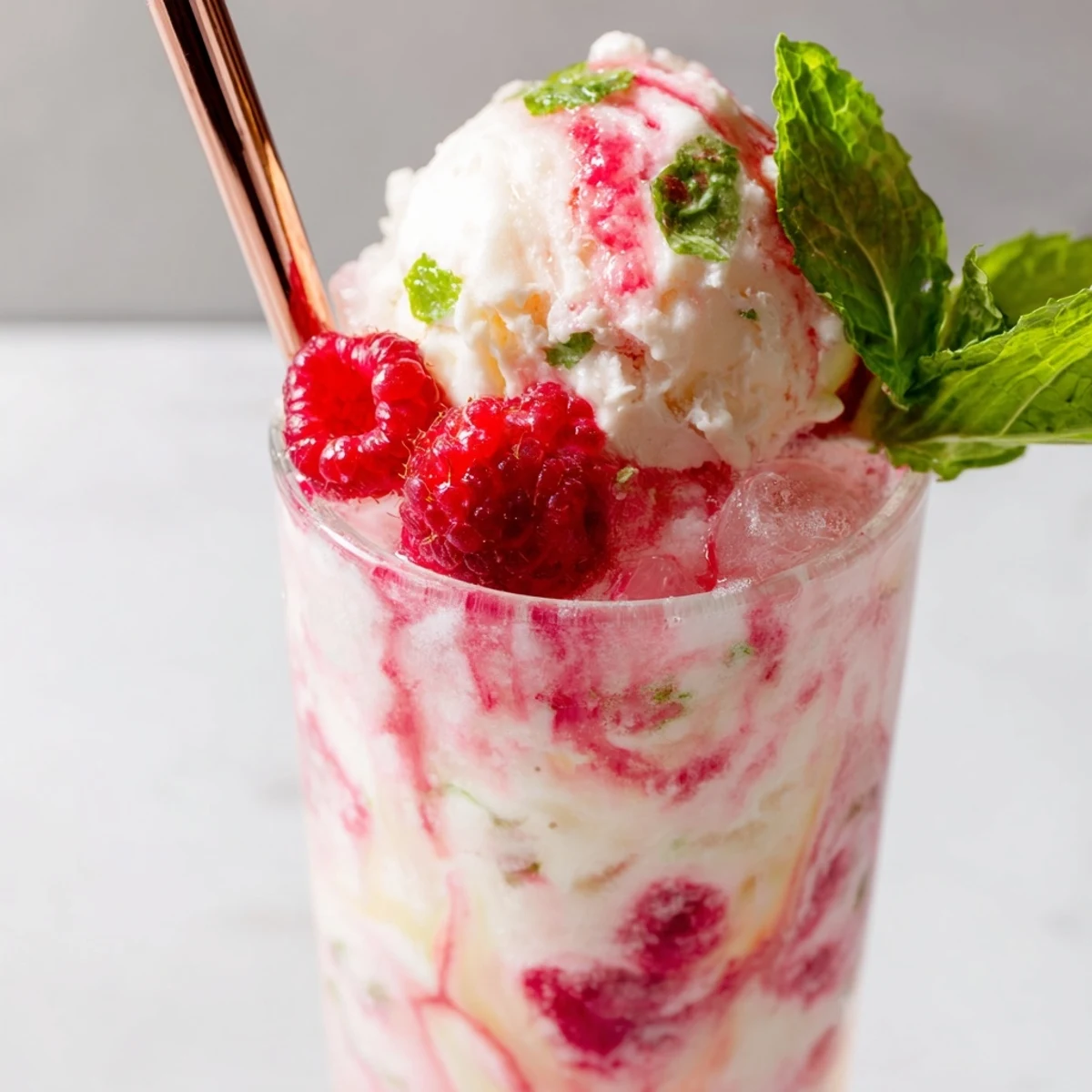 Tall glass of raspberry mint mojito rebel float with vanilla ice cream melting into fizzy soda, garnished with fresh mint and raspberries
