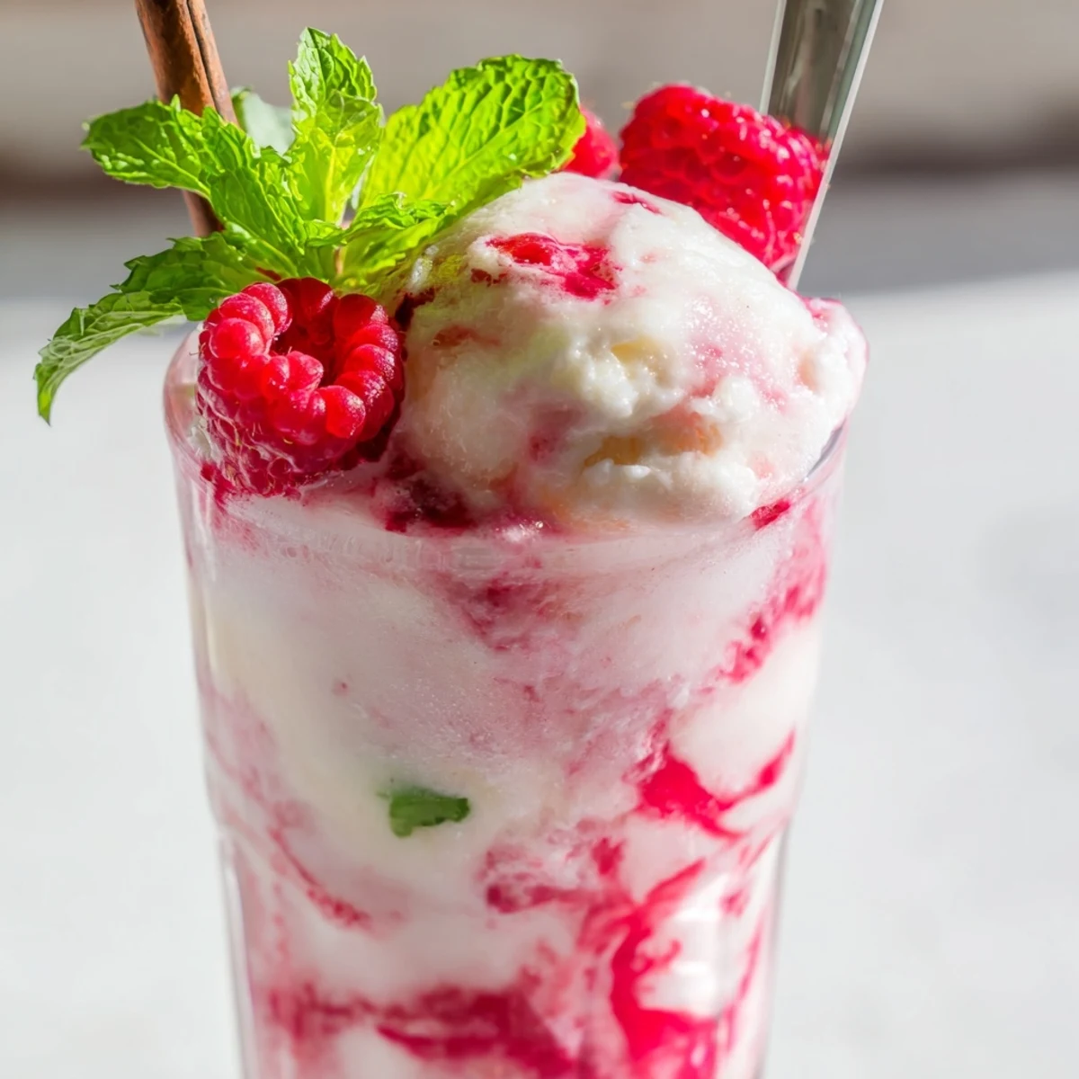 Summer raspberry mint mojito rebel float served in glass with creamy vanilla scoop, bright red berry swirled with green mint leaves