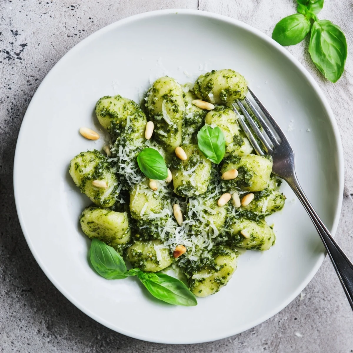Golden potato gnocchi coated in vibrant green basil pesto sauce with parmesan garnish