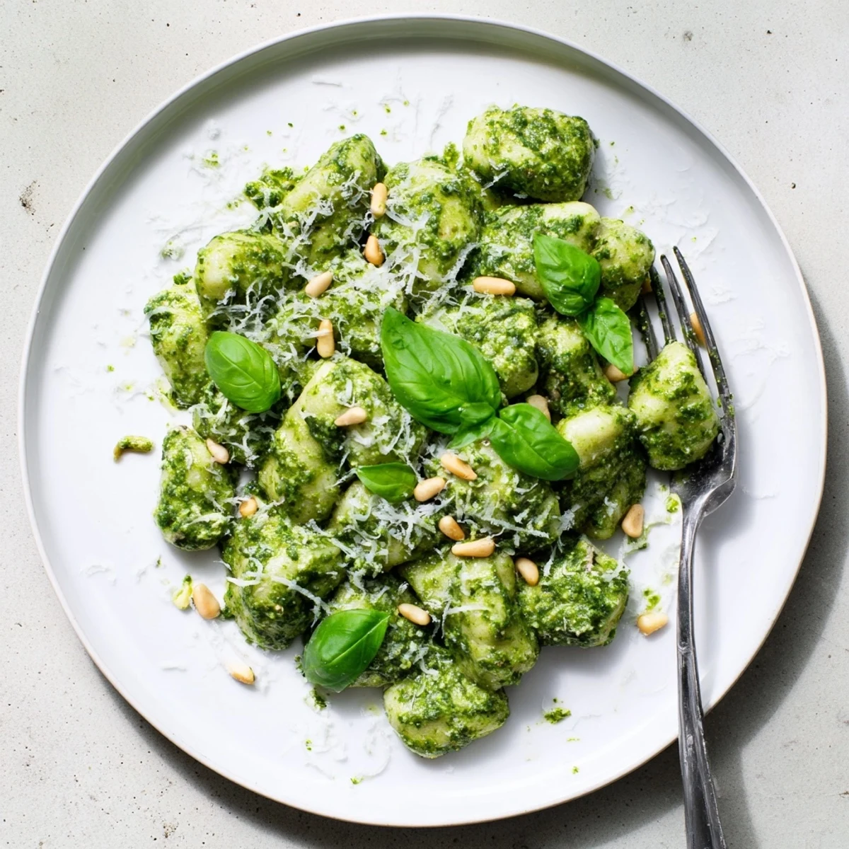 Soft pillowy gnocchi tossed with fresh homemade pesto and sprinkled with grated cheese
