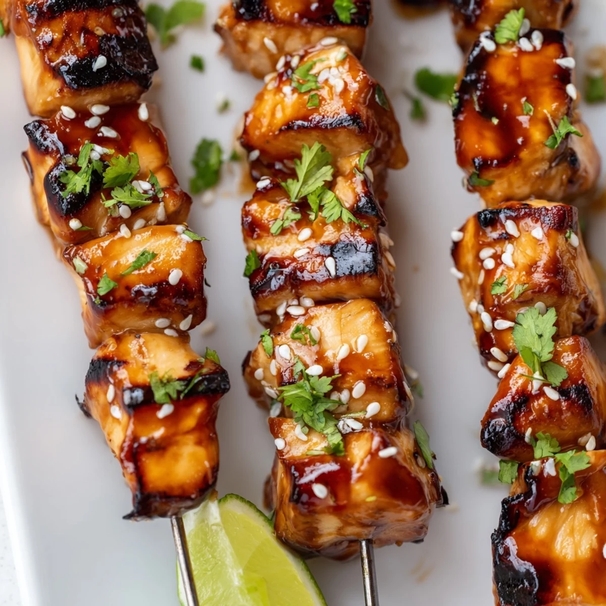 Golden spicy honey garlic chicken skewers fresh off the grill with charred edges and glistening glaze