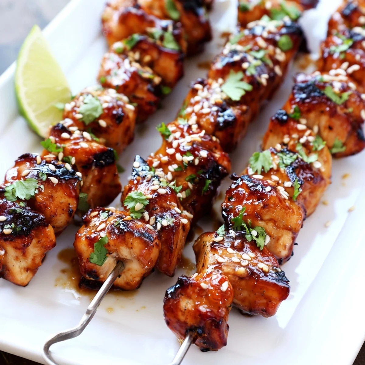 Tender chicken cubes threaded on skewers caramelized with sweet honey garlic sauce and red chili heat