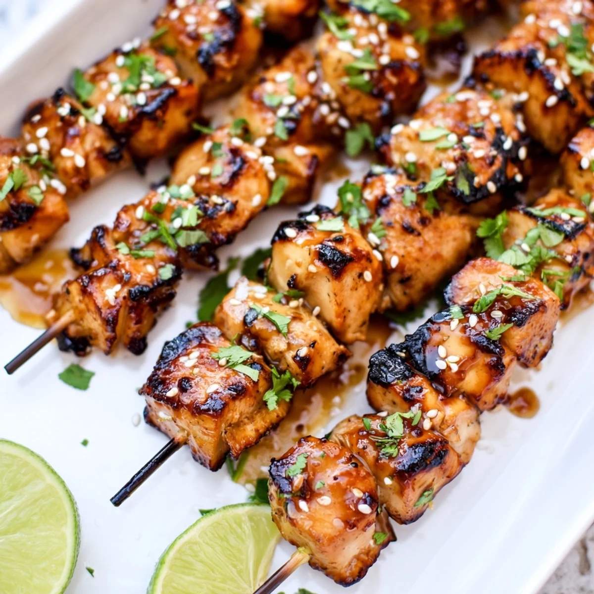 Juicy grilled chicken kebabs basted in sticky honey garlic marinade garnished with fresh cilantro and lime