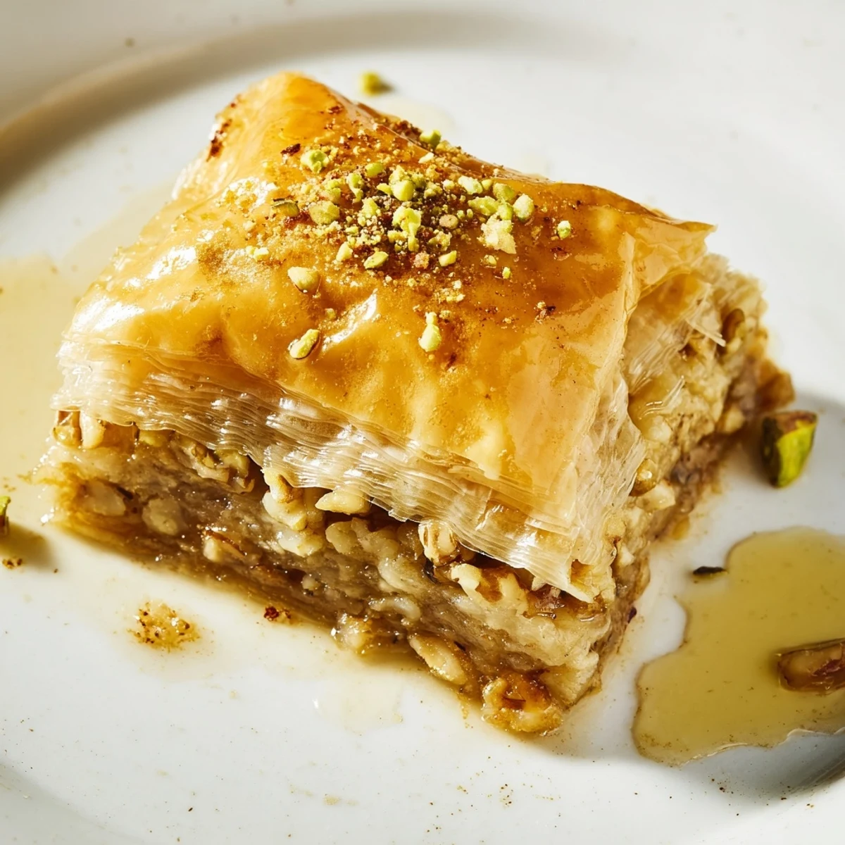 Golden baklava dessert with flaky phyllo layers, chopped walnuts and pistachios, glistening with sweet honey syrup on a serving platter