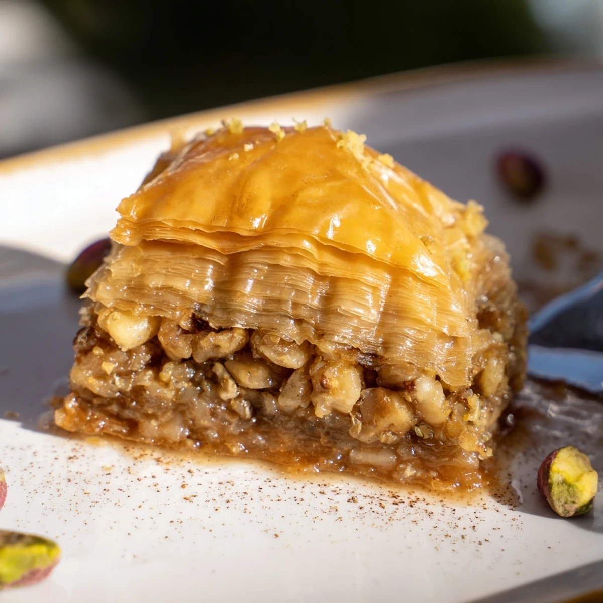 Homemade baklava arranged in diamond-shaped pieces, featuring buttery crisp pastry, spiced nut filling, and fragrant cinnamon sugar topping