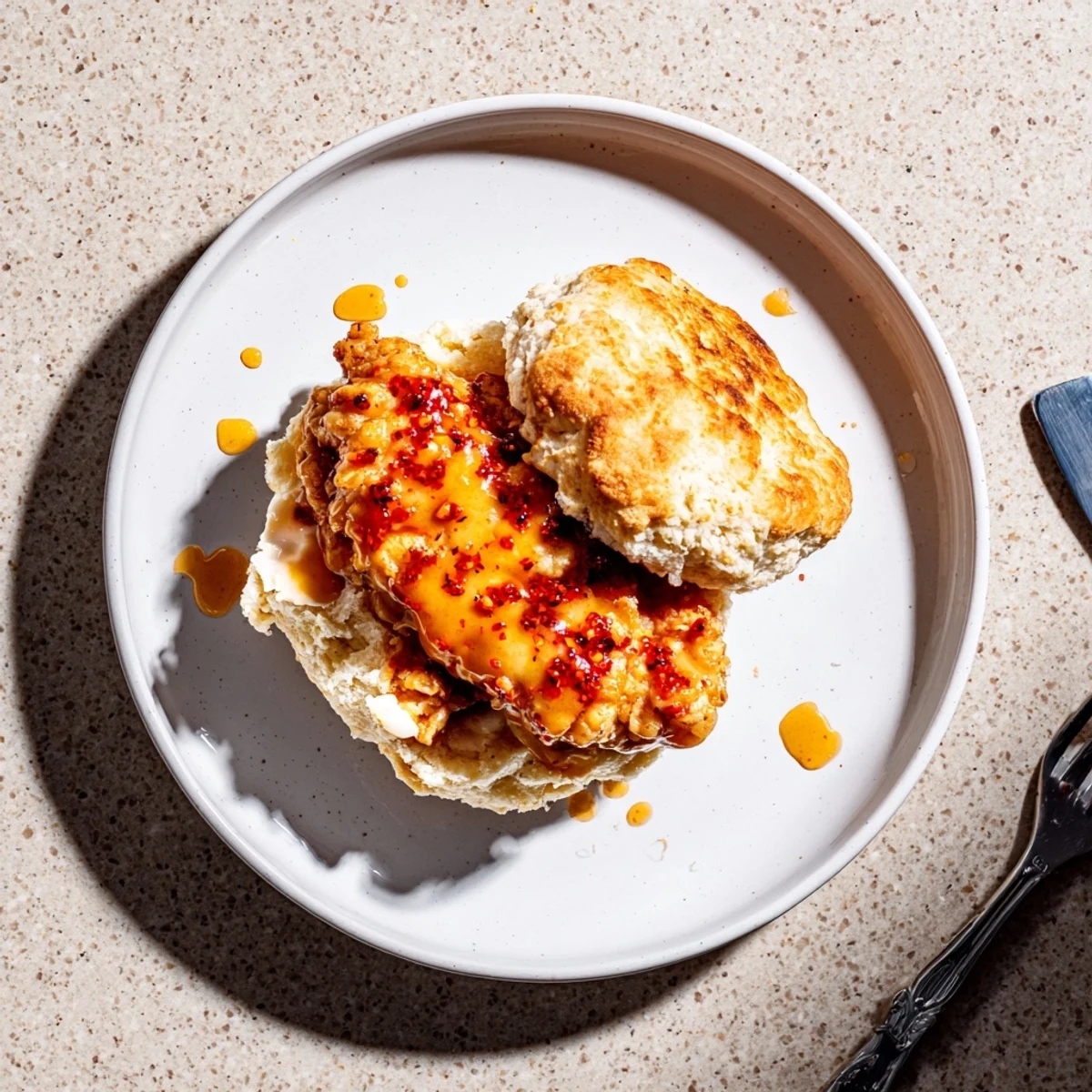 Southern-style hot honey chicken biscuits served warm on a plate with golden honey coating the crispy chicken