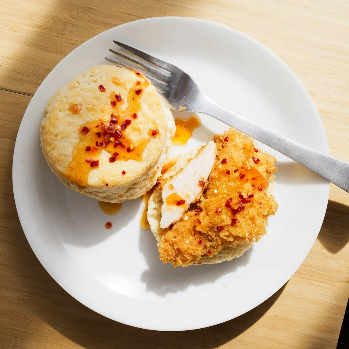 Split biscuit sandwich stacked with crunchy fried chicken pieces and sweet spicy honey dripping down sides