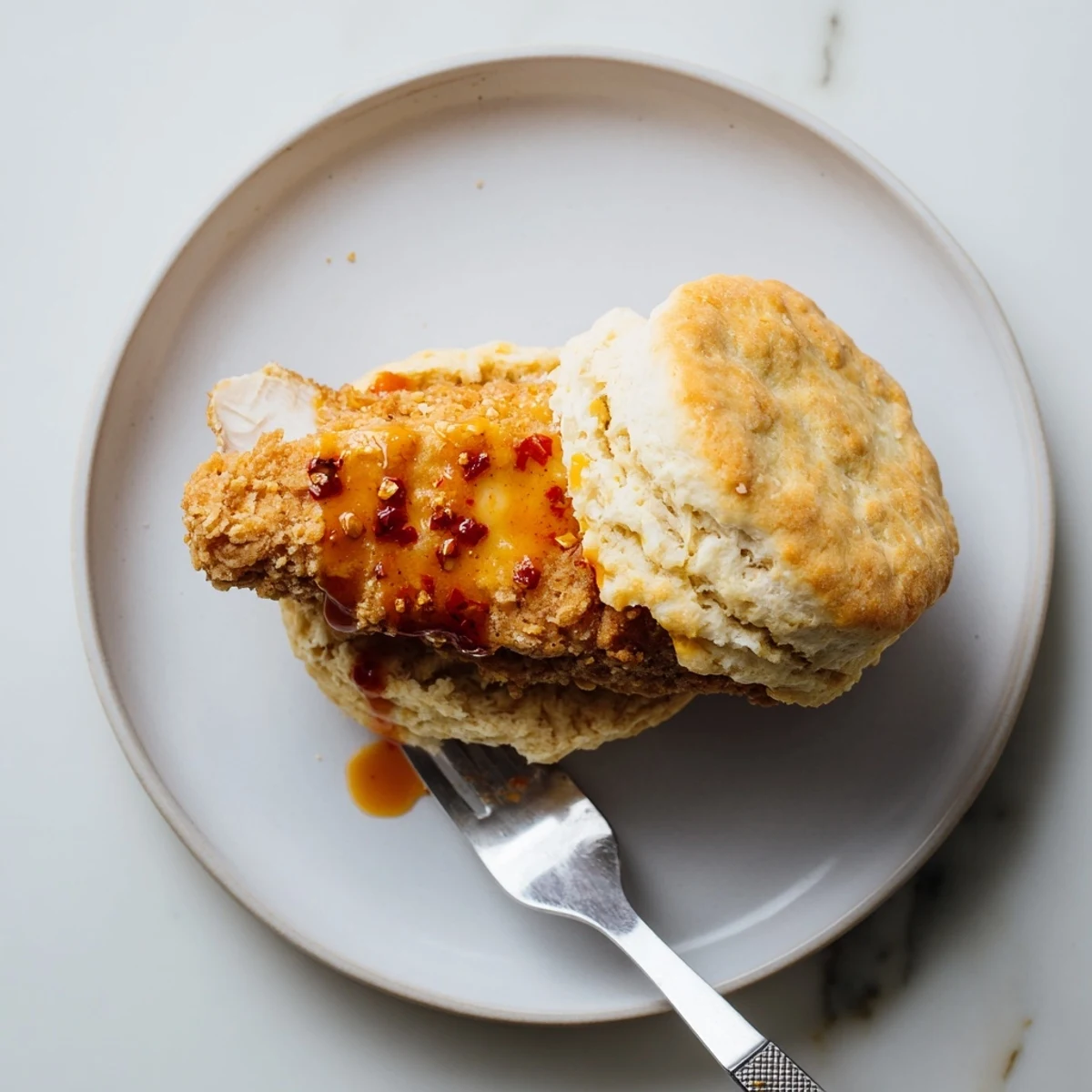 Golden brown buttermilk biscuits topped with crispy fried chicken drizzled with spicy hot honey glaze