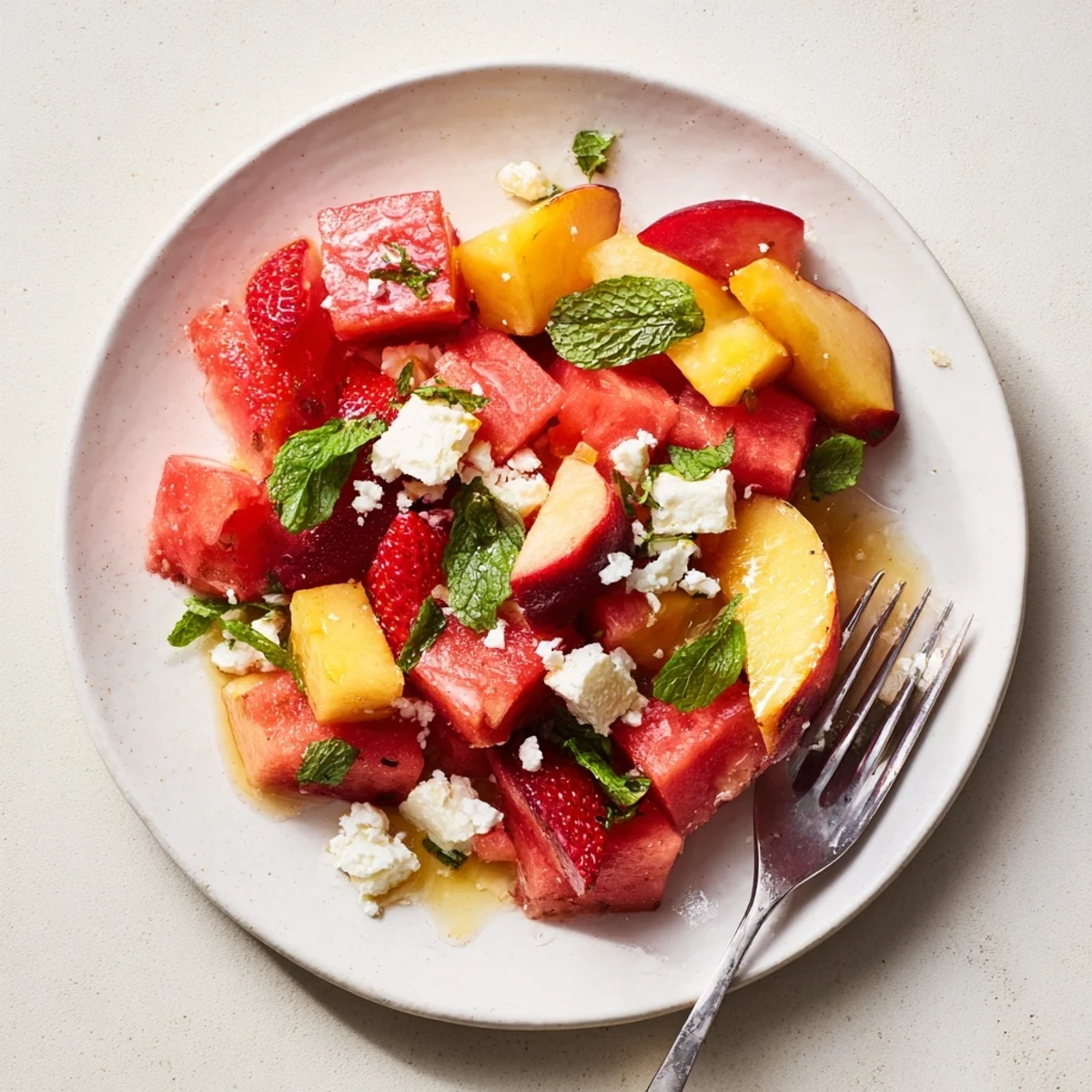 Fresh summer peach watermelon salad bowl with juicy ripe fruit and vibrant green mint leaves
