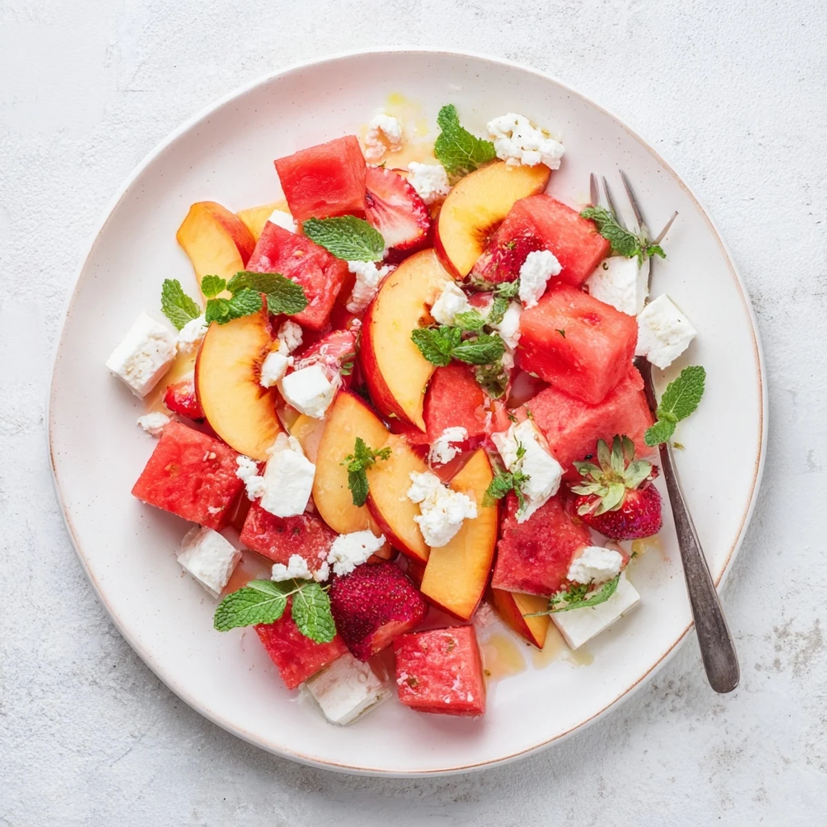 Rustic wooden serving board displaying summer peach watermelon salad garnished with fresh mint and lime zest