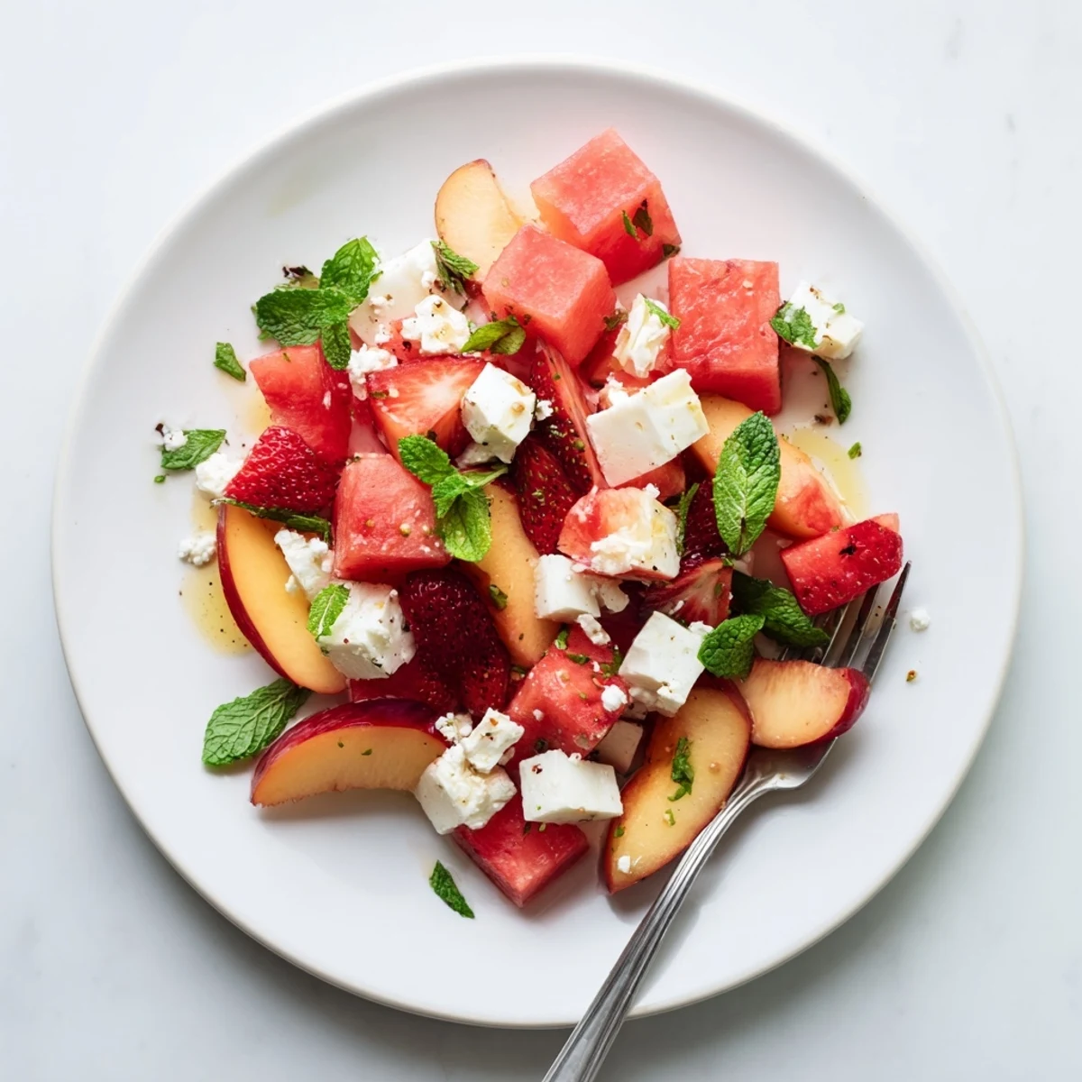Colorful watermelon and peach salad tossed in tangy lime dressing with crumbled feta cheese topping