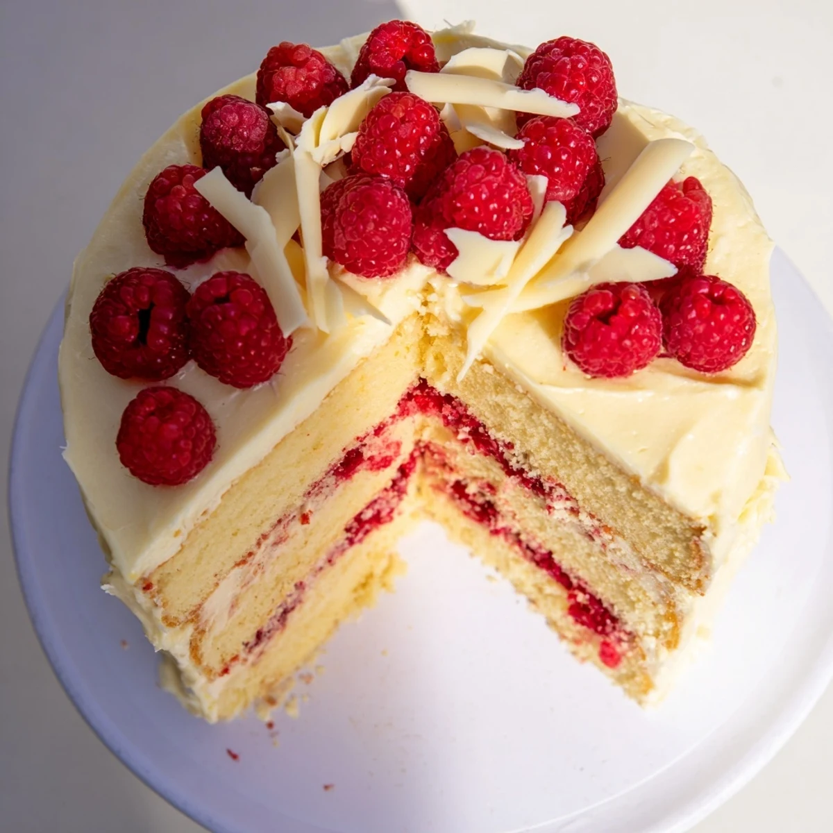Decadent triple-layer white chocolate raspberry dream cake topped with creamy frosting and fresh berries