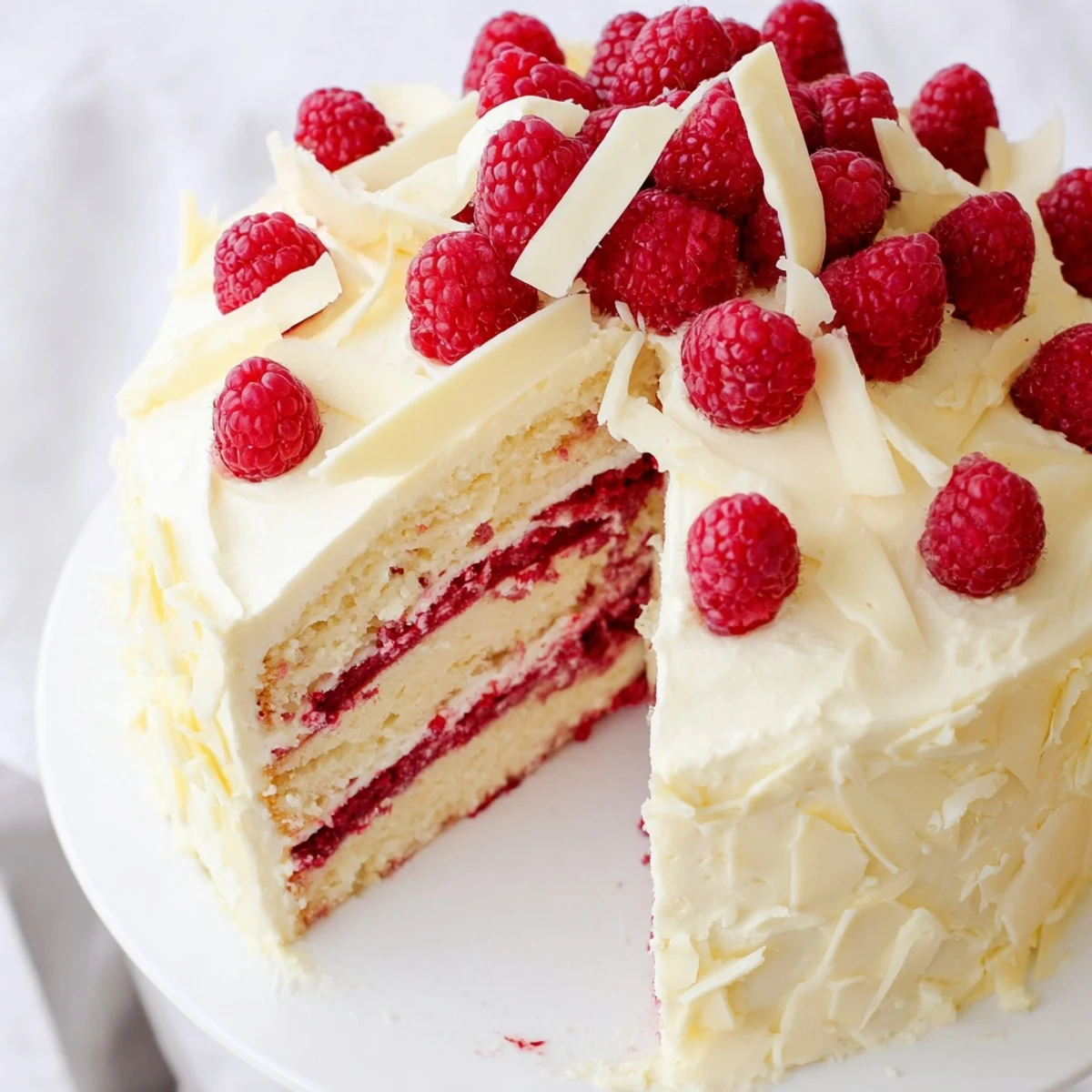 Elegant white chocolate raspberry dream cake with fluffy layers and fresh ruby raspberry filling