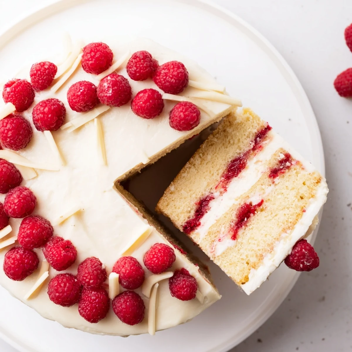 Beautifully sliced white chocolate raspberry dream cake revealing moist sponge and vibrant berry swirls