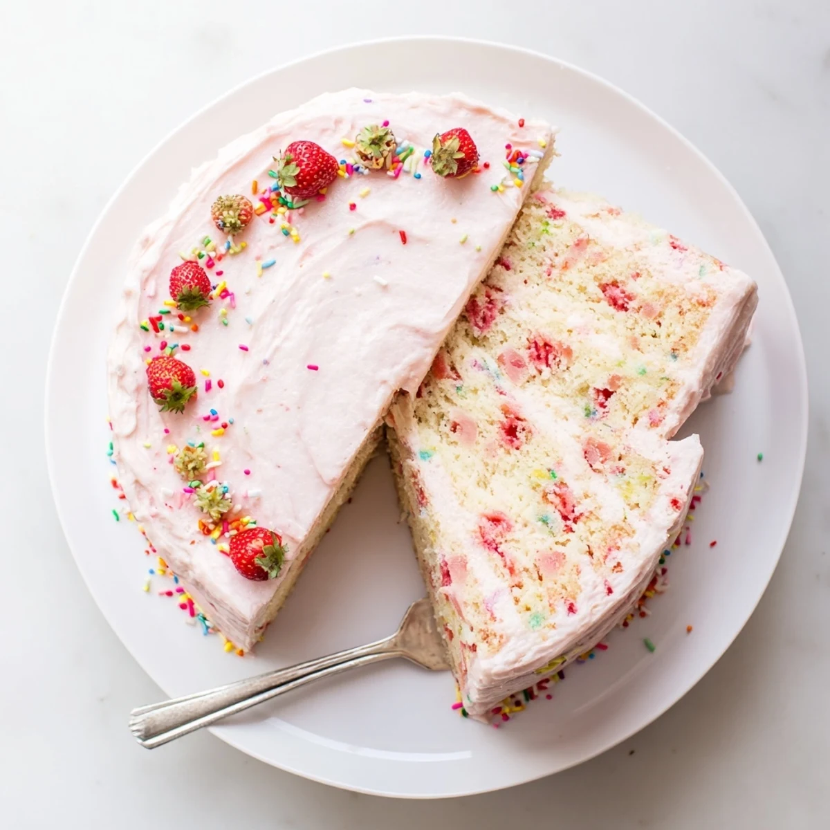 Layered strawberry funfetti cake adorned with colorful confetti sprinkles topped with creamy strawberry frosting