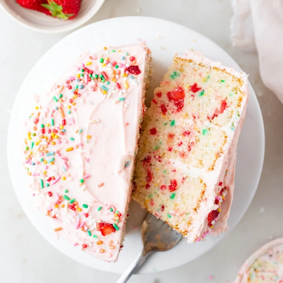 Whimsical strawberry funfetti cake with vibrant rainbow sprinkles and smooth pink strawberry buttercream frosting