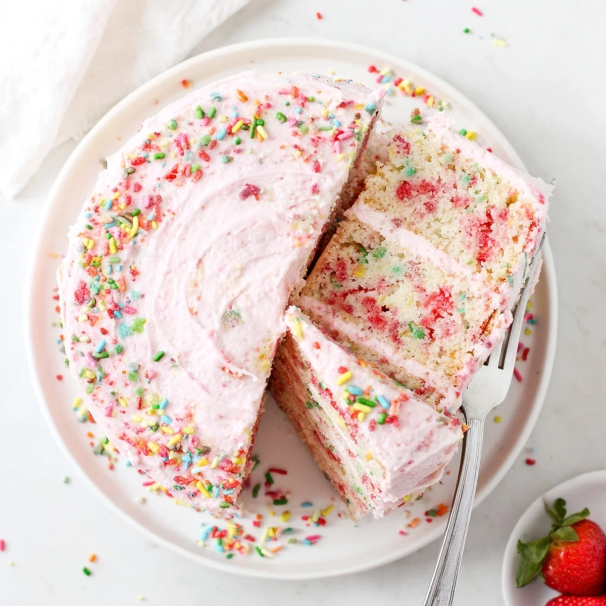 Pink frosted strawberry funfetti cake studded with rainbow sprinkles on a white serving plate