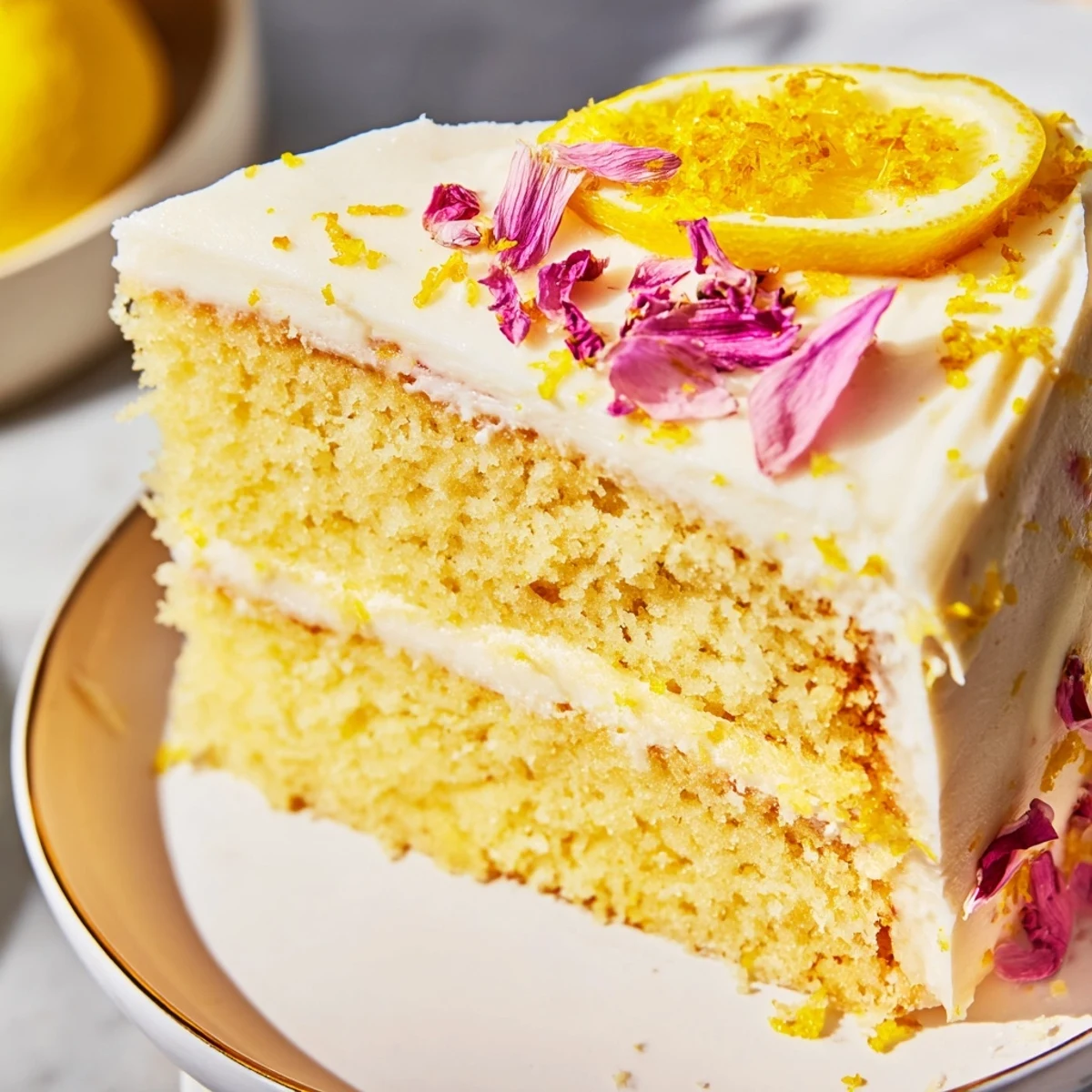 Festive lemon birthday cake slice showing moist yellow crumb topped with fluffy white cream cheese frosting