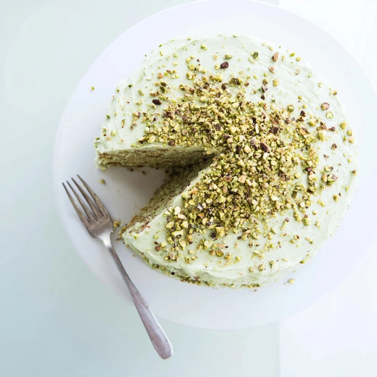 Slice of pistachio cake with creamy buttercream frosting topped with chopped pistachios on white plate