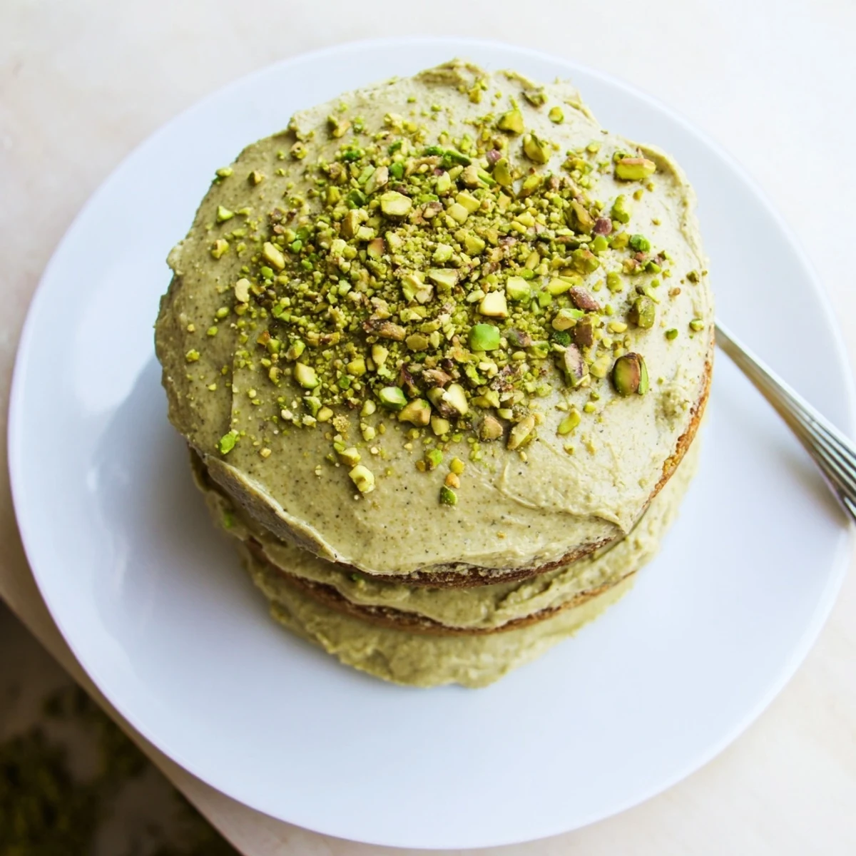 Moist pistachio cake with thick buttercream frosting and nutty garnish on decorative cake pedestal