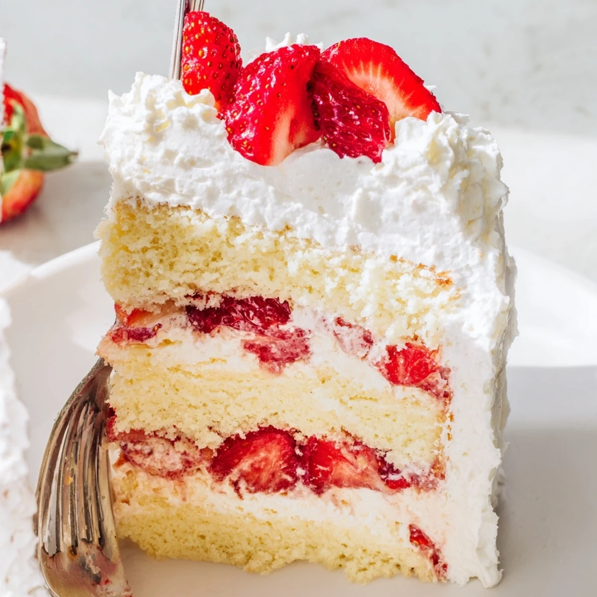 Golden vanilla layer cake stacked with sweet fresh strawberries and clouds of whipped cream