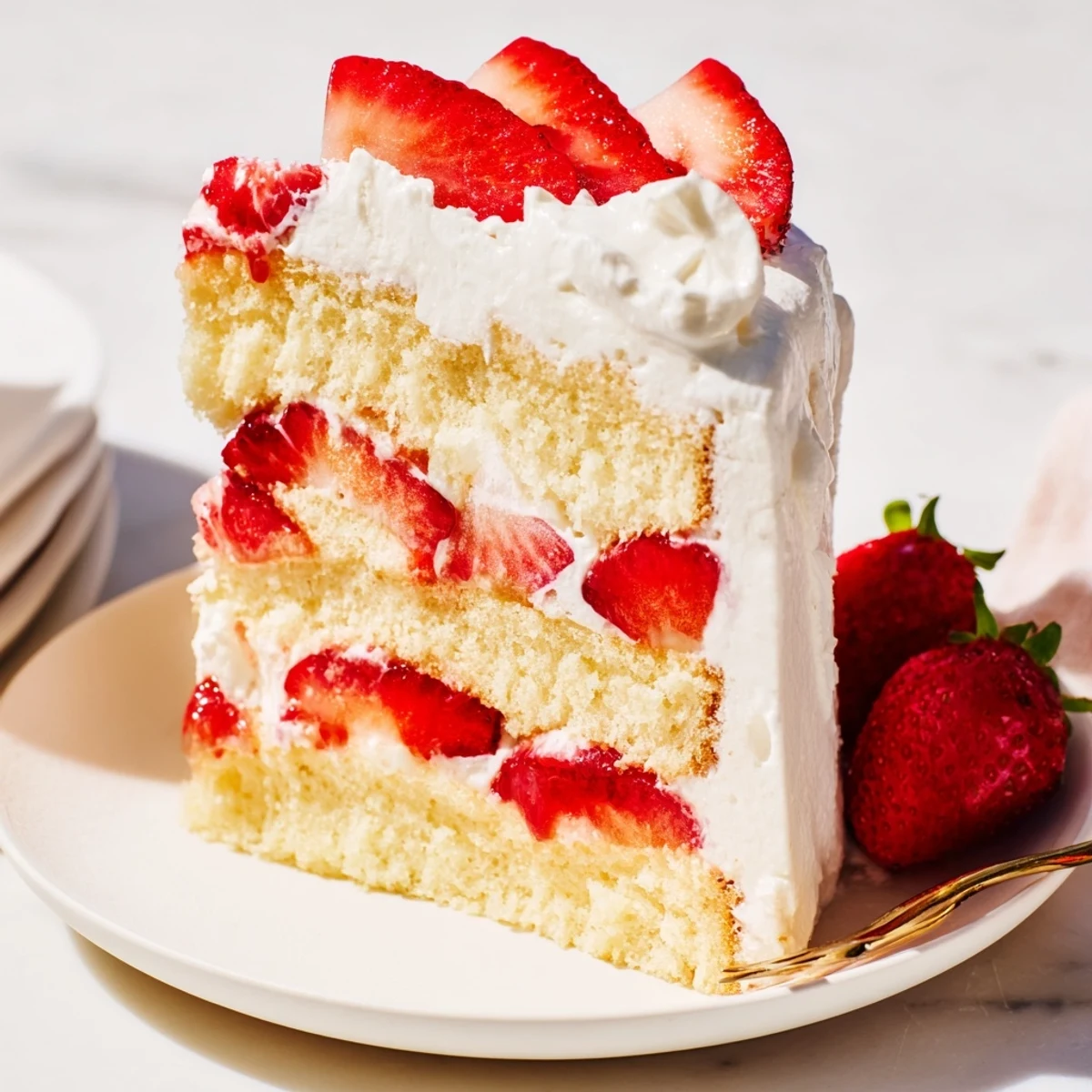 Classic strawberry shortcake cake with juicy red berries between light fluffy sponge layers