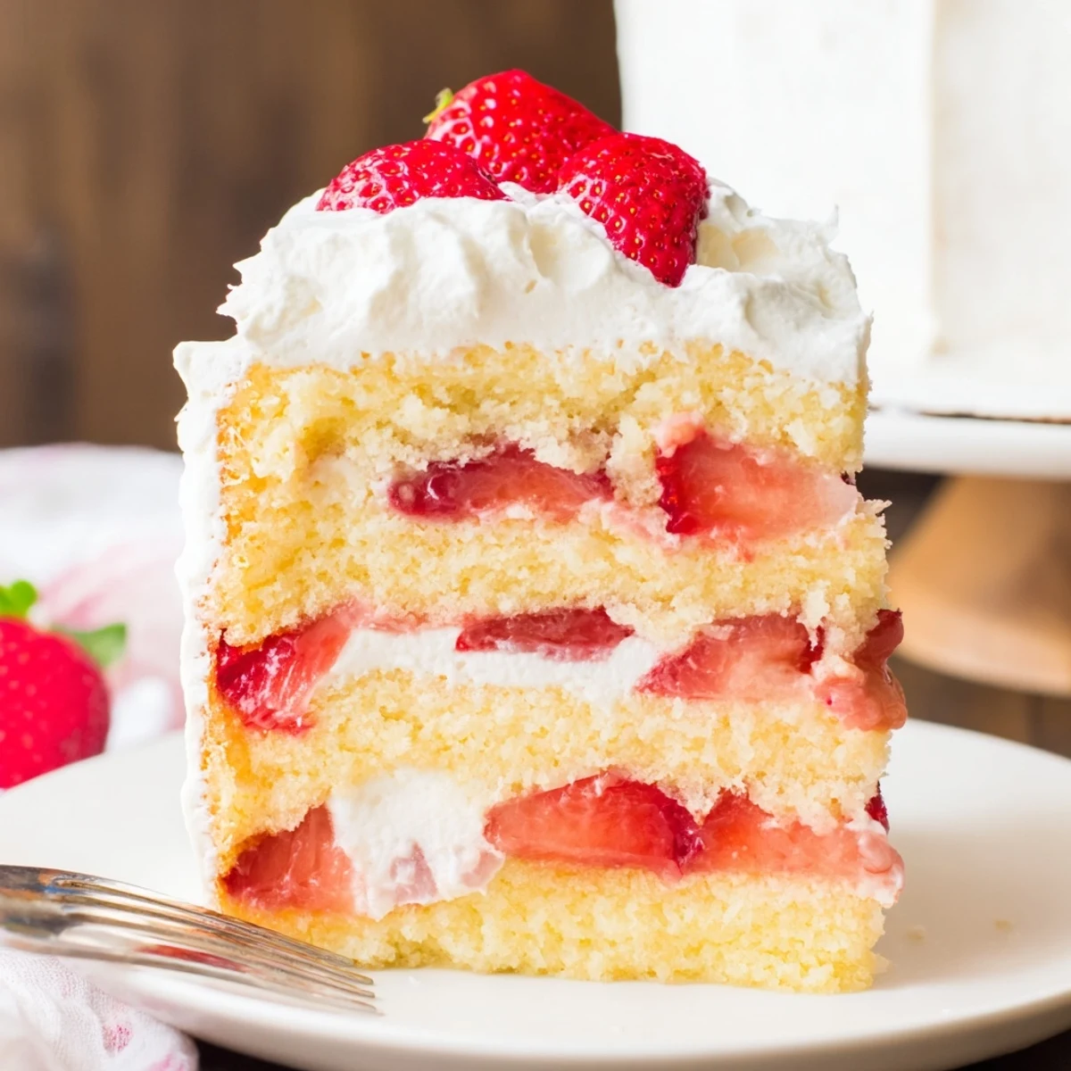 Homemade strawberry shortcake cake slice showing tender vanilla crumb topped with macerated strawberries