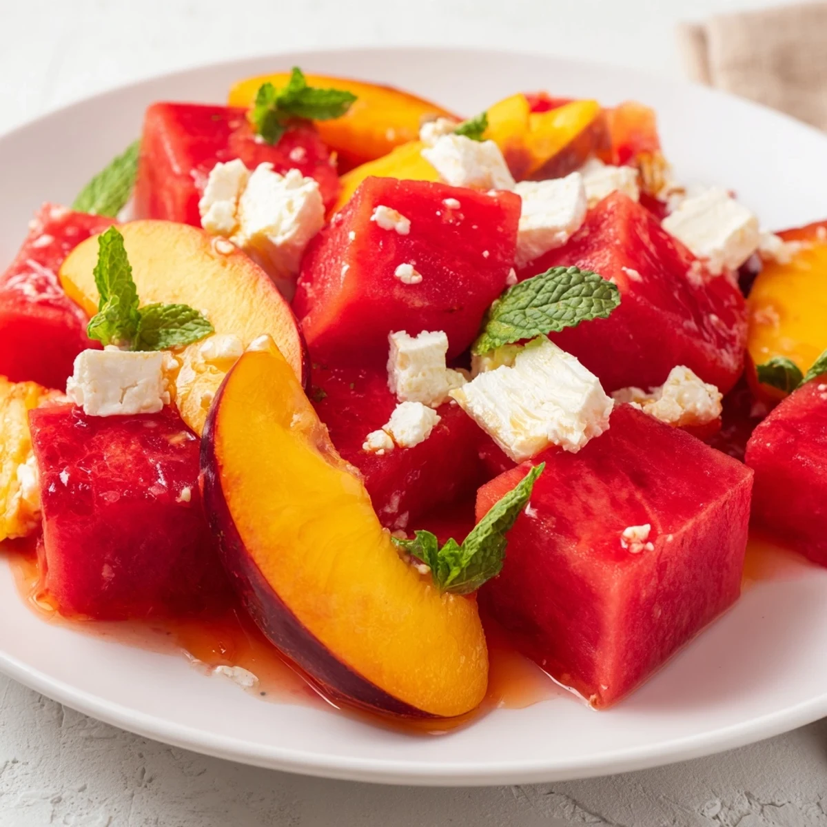 Colorful peach watermelon salad bowl garnished with fresh mint leaves and drizzled with light citrus dressing